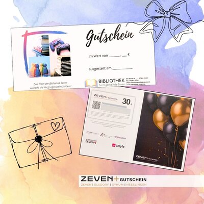 zwei Bilder von Geschenkgutscheinen Bibliothek und Zeven+