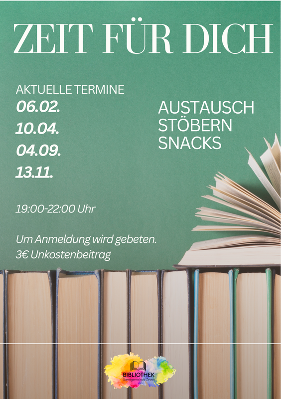 Auf dem Bild sind alle Termine von der Veranstaltung Zeit für Dich zu sehen für das Jahr 2026 mit einem grünen Hintergrund mit einer Bücherreihe. - Bibliothek Zeven Auf dem Bild sind alle Termine von der Veranstaltung Zeit für Dich zu sehen für das Jahr 2026 mit einem grünen Hintergrund mit einer Bücherreihe.
