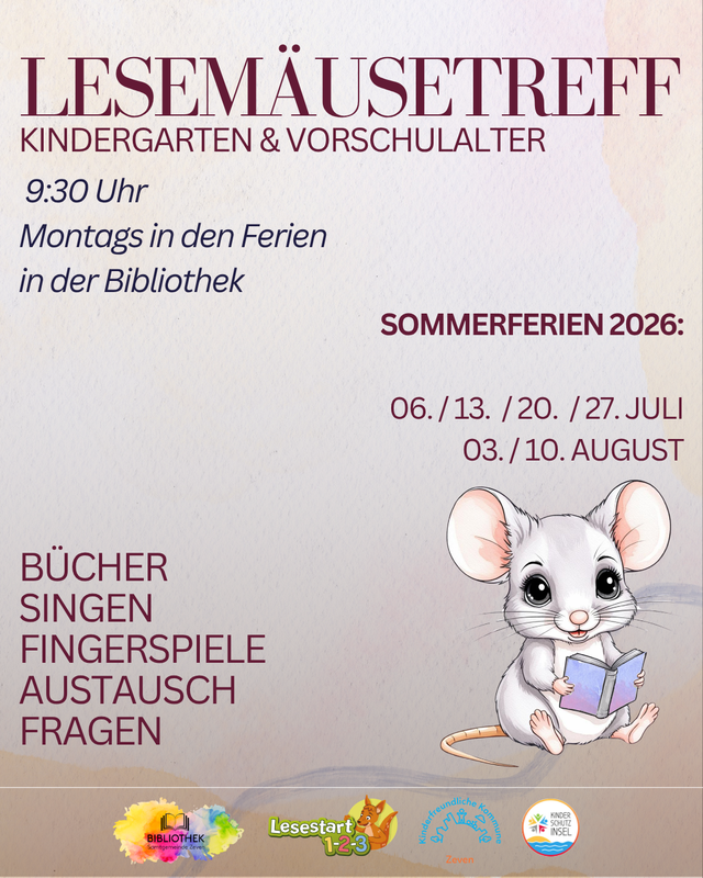 Die Termine für den Lesemäusetreff in den Sommerferien 2026 für Kindergarten und Vorschulalter jeweils montags um 9:30 Uhr in den Ferien, zu sehen mit der Maus die für die Lesemäuse steht.
